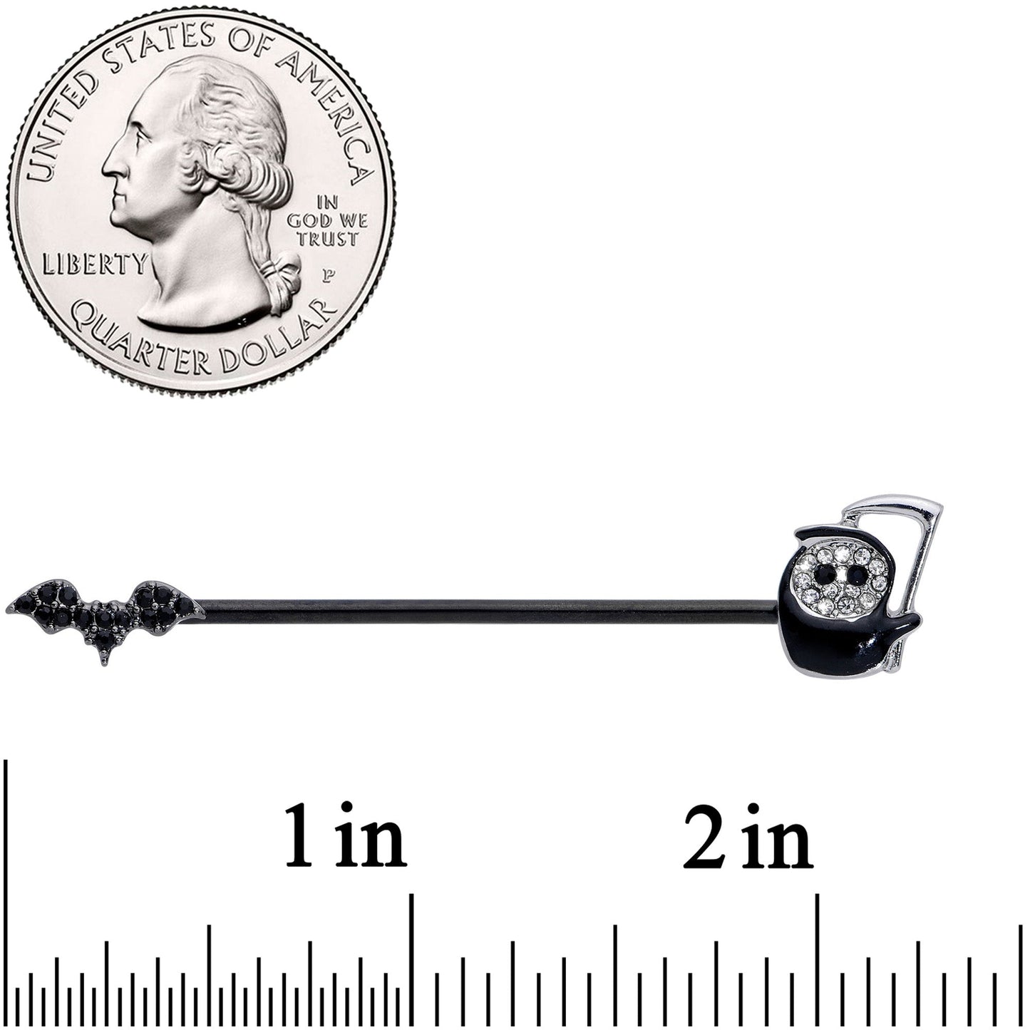 14G Clear Black Gem Reaper Bat Halloween Industrial Barbell 38mm