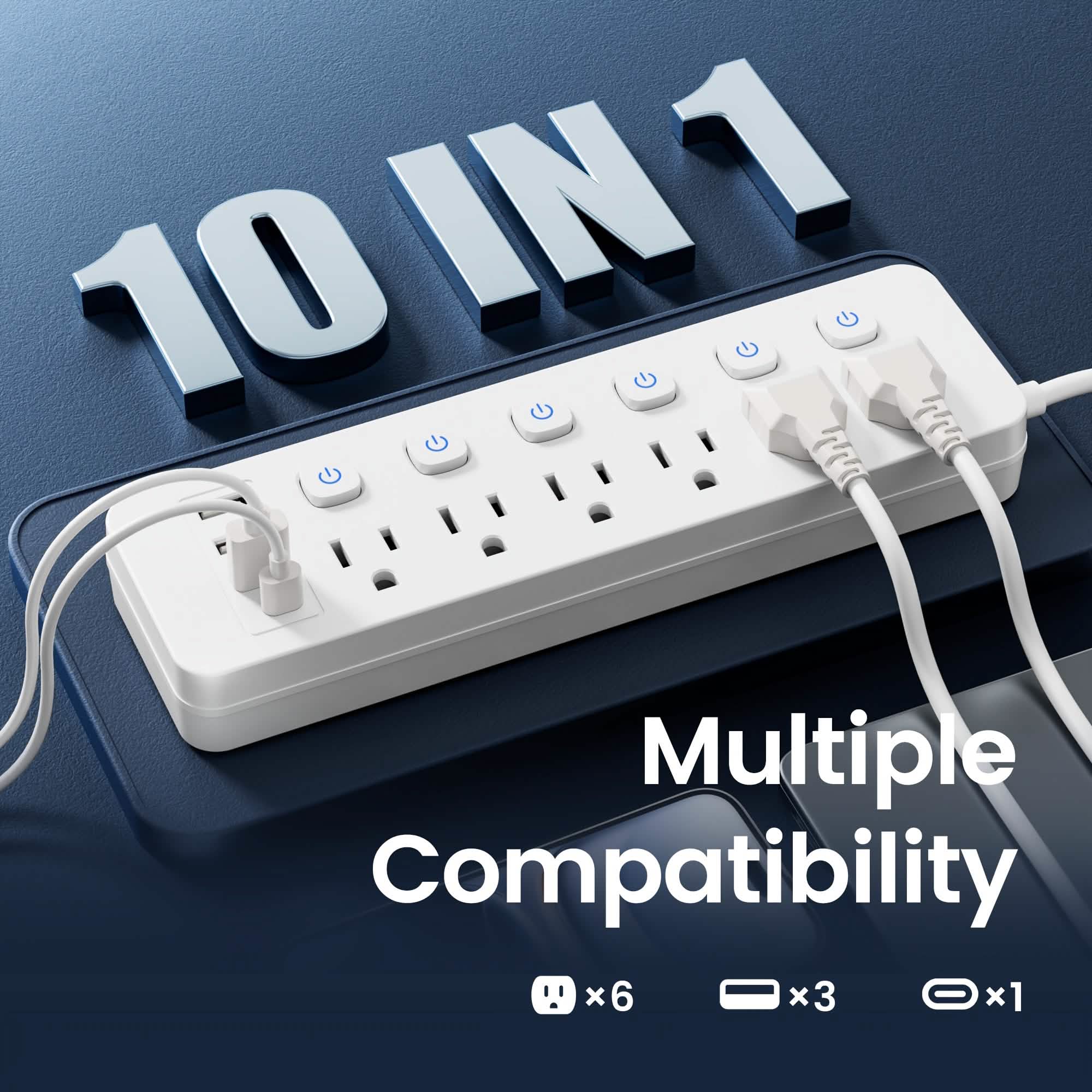 10-in-1 Multi-Outlet Power Strip – 6 AC, 3 USB-A, 1 Type-C