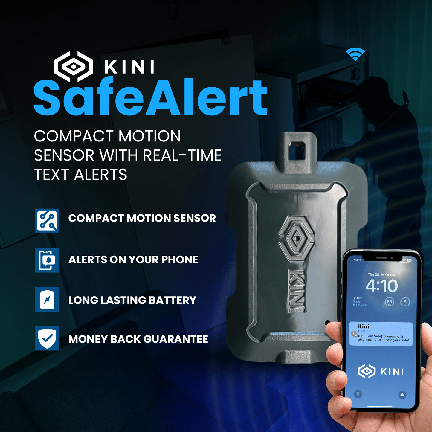 Dispositivo de alerta de manipulación Wi-Fi SafeAlert Kini — Alertas de seguridad en tiempo real