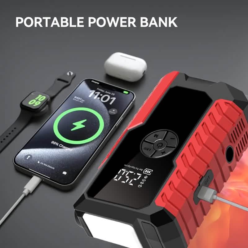 Portable 12V Car Jump Starter, Battery Charger, Air Pump (LED Display)