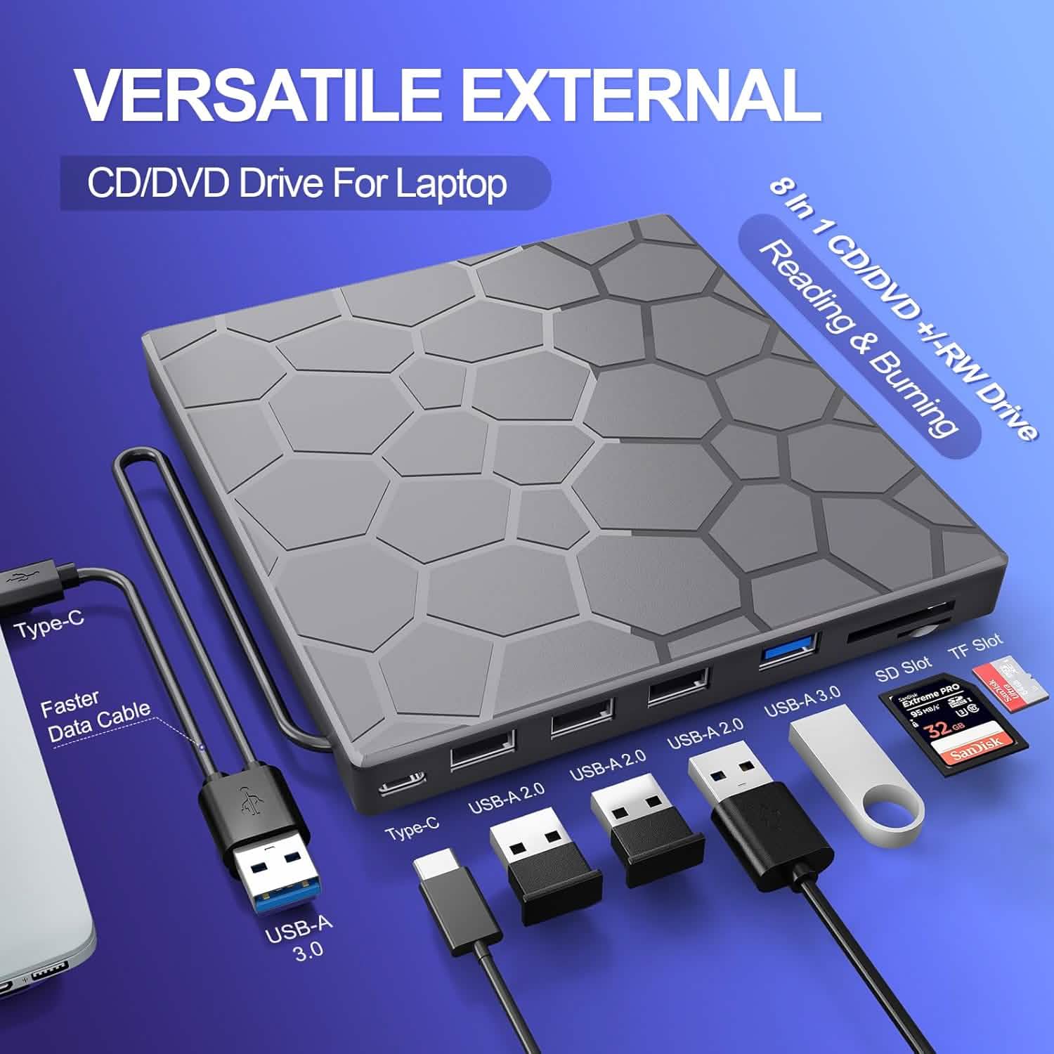 High-Speed USB 3.0 External CD/DVD Drive with Burner – Plug & Play, Windows & Mac Compatible