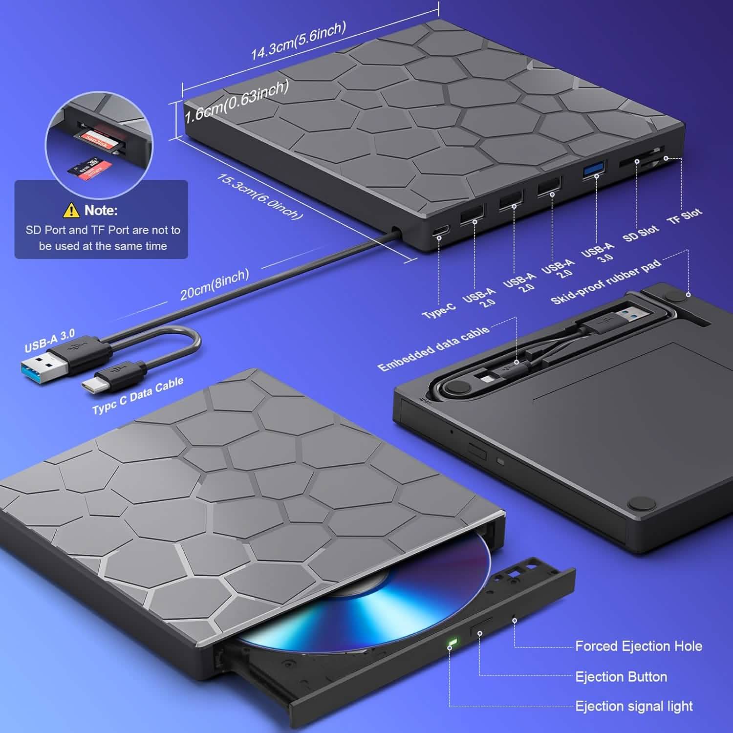 High-Speed USB 3.0 External CD/DVD Drive with Burner – Plug & Play, Windows & Mac Compatible