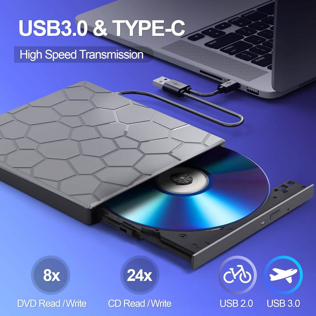 High-Speed USB 3.0 External CD/DVD Drive with Burner – Plug & Play, Windows & Mac Compatible