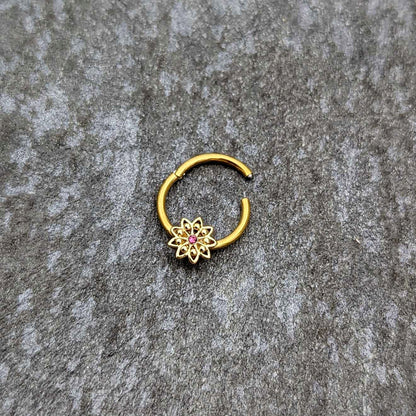 16G 3/8 Pink Gem Gold Tone Starry Flower Hinged Segment Ring