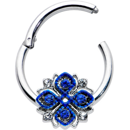 16G 3/8 Blue Clear Gem Embellished Cross Hinged Segment Ring