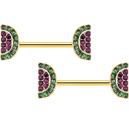 14G 9/16 Pink Gem Gold Hue Watermelon Yum Barbell Nipple Ring Set