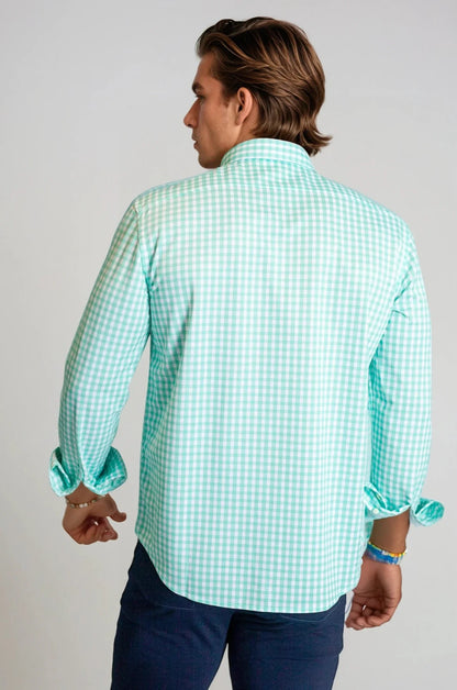 Mauro Long Sleeve Check Tech Shirt - Emerald