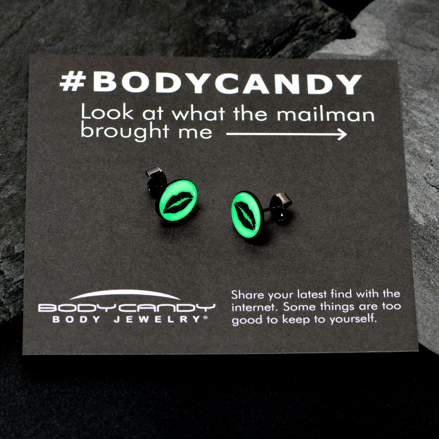 Black Anodized Steel Lipstick Kiss Mark Glow in the Dark Stud Earrings by Onyx O