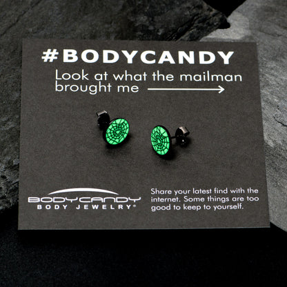 Black Anodized Steel Heart Spider Web Glow in the Dark Stud Earrings by Onyx O