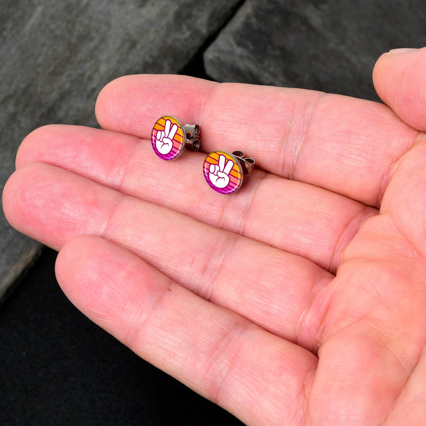 Retro Stripes Peace Sign Fingers Stud Earrings by Onyx O