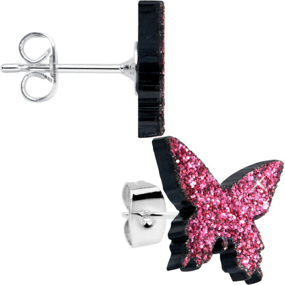 Pink Glitter Butterfly Stud Earring Set