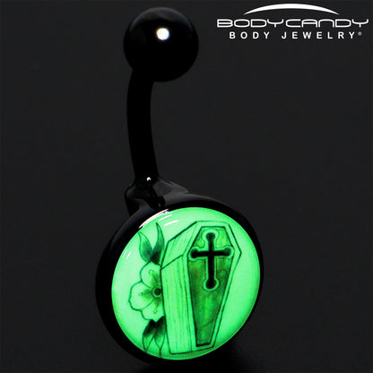 Black Titanium Coffin and Flower Glow in the Dark Belly Ring