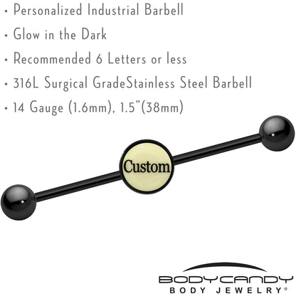 Custom Glow in the Dark Personalized Industrial Barbell in Black Titanium