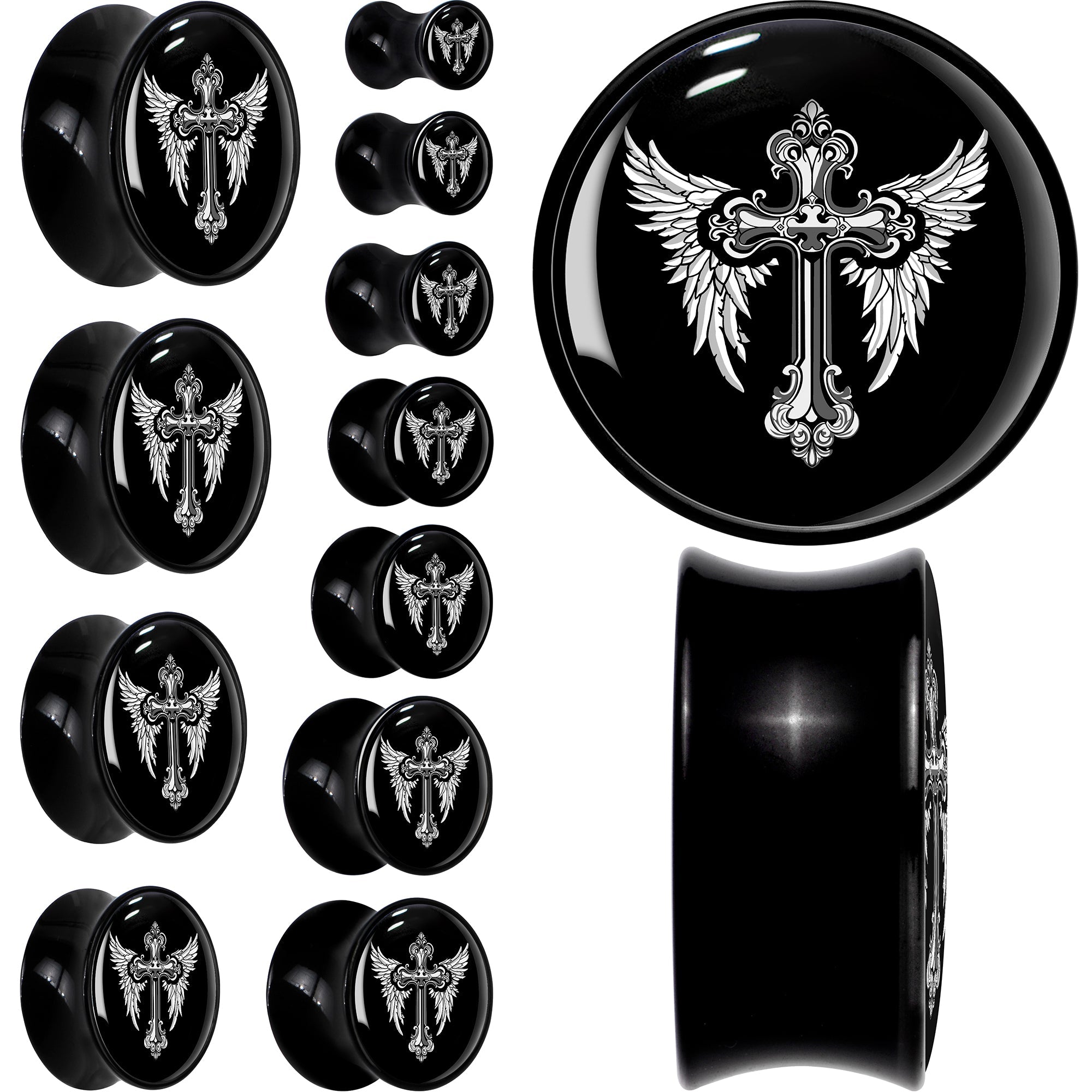 0G Black White Winged Cross Black Acrylic Saddle Plug Set by Onyx O