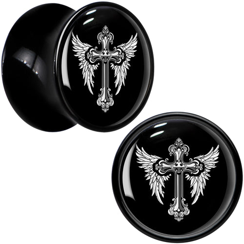 0G Black White Winged Cross Black Acrylic Saddle Plug Set by Onyx O