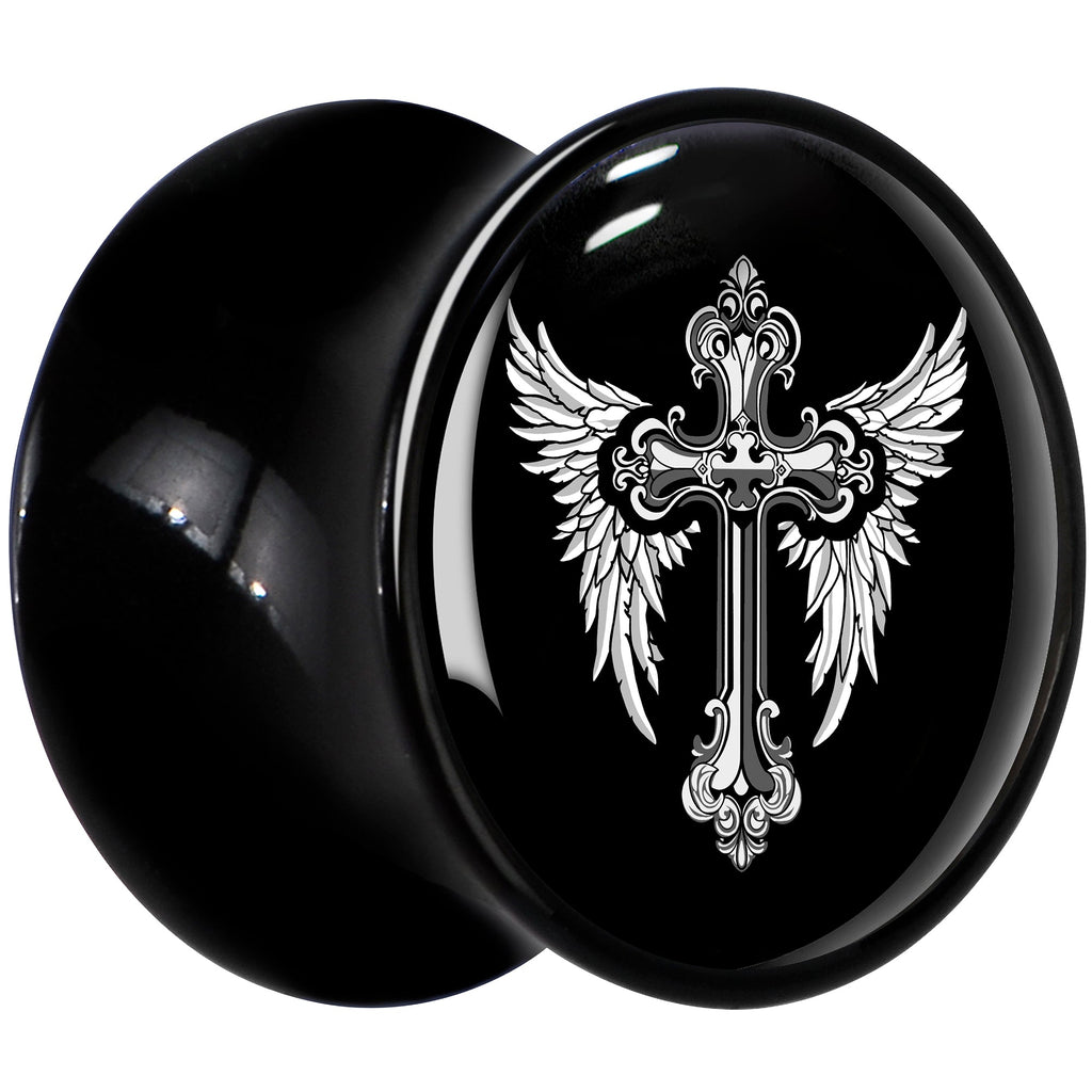0G Black White Winged Cross Black Acrylic Saddle Plug Set by Onyx O