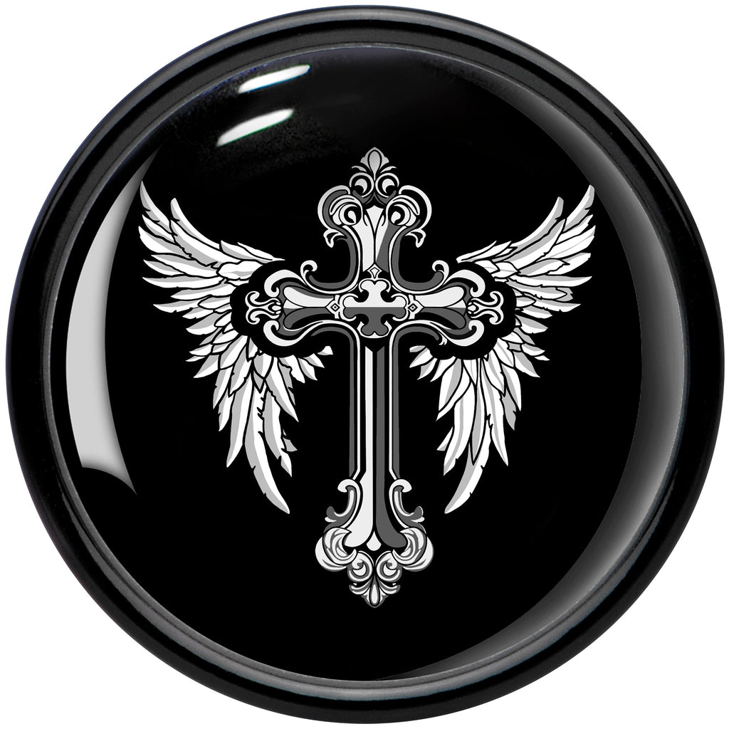 0G Black White Winged Cross Black Acrylic Saddle Plug Set by Onyx O