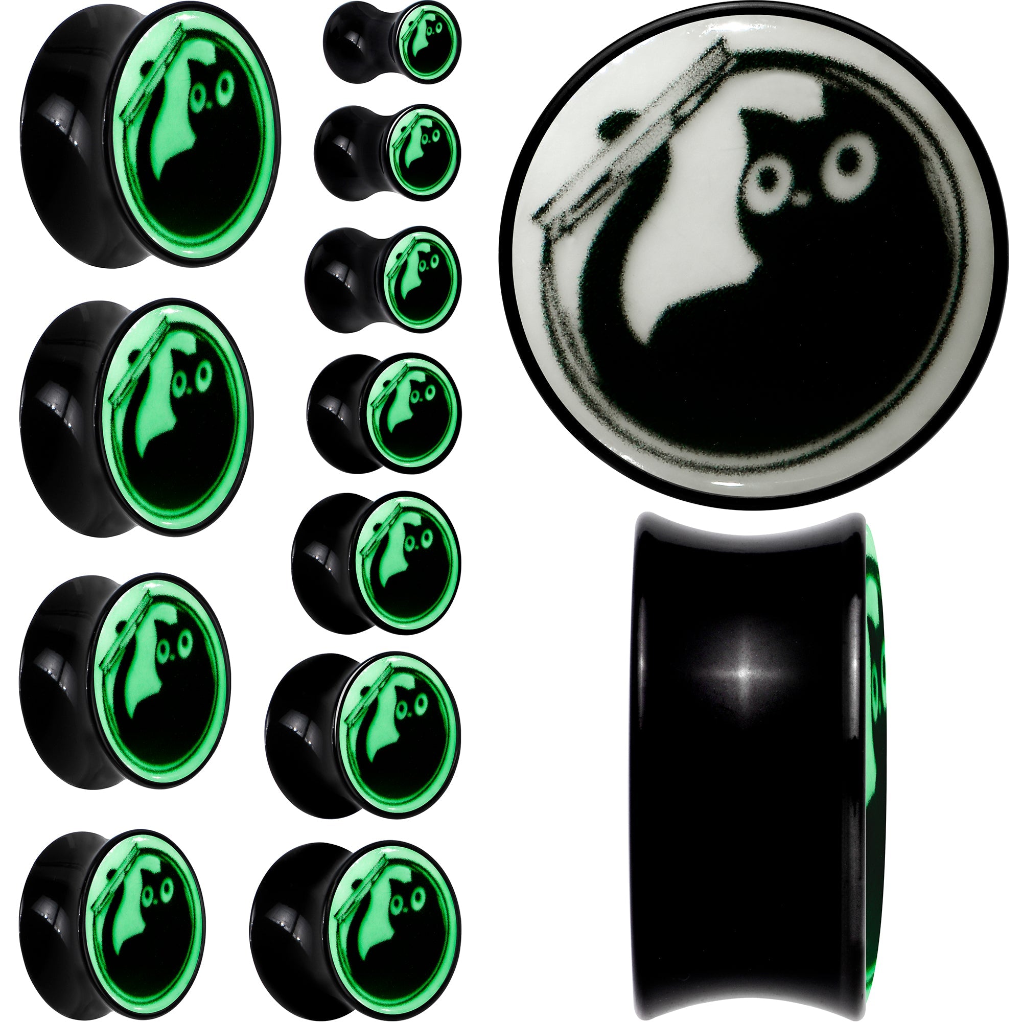 0G Glow in the Dark Fishbowl Kitty Cat Black Acrylic Saddle Plug Set by Onyx O