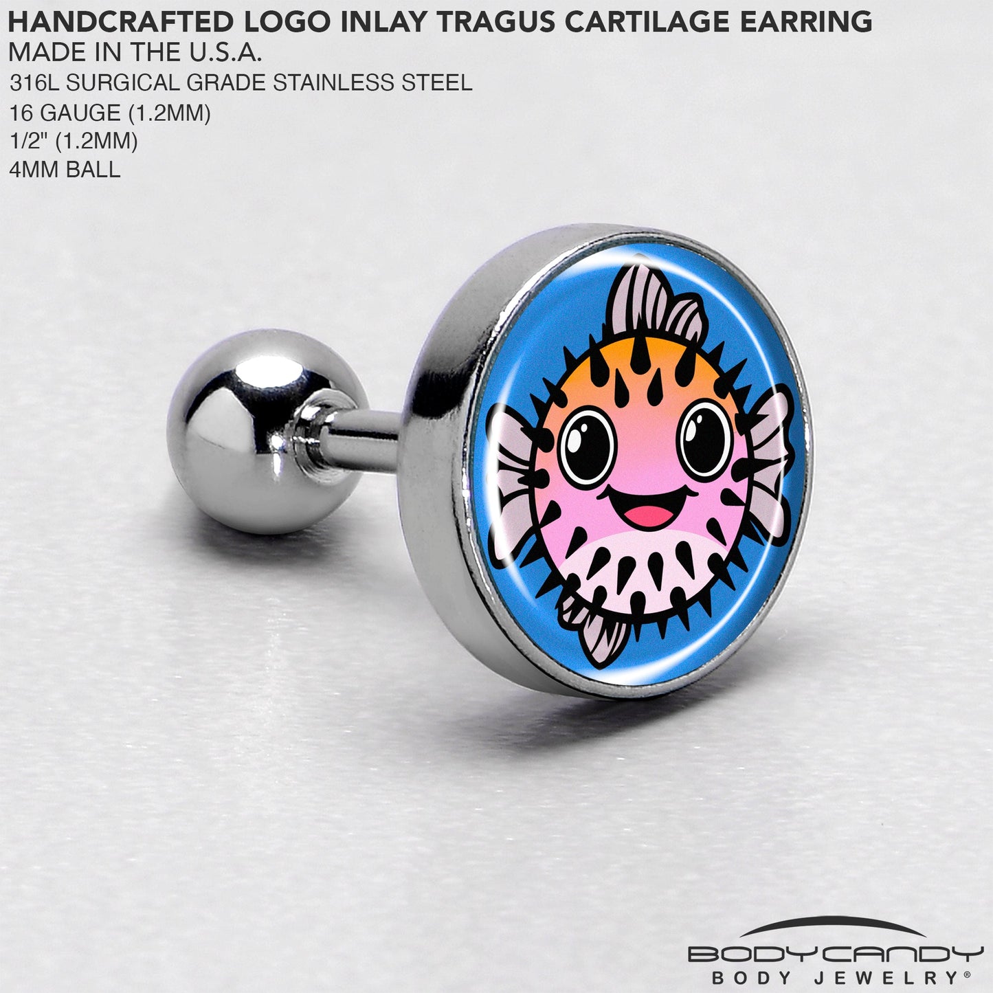 16G 1/4 Swimming Pufferfish Tragus Cartilage Earring by Onyx O