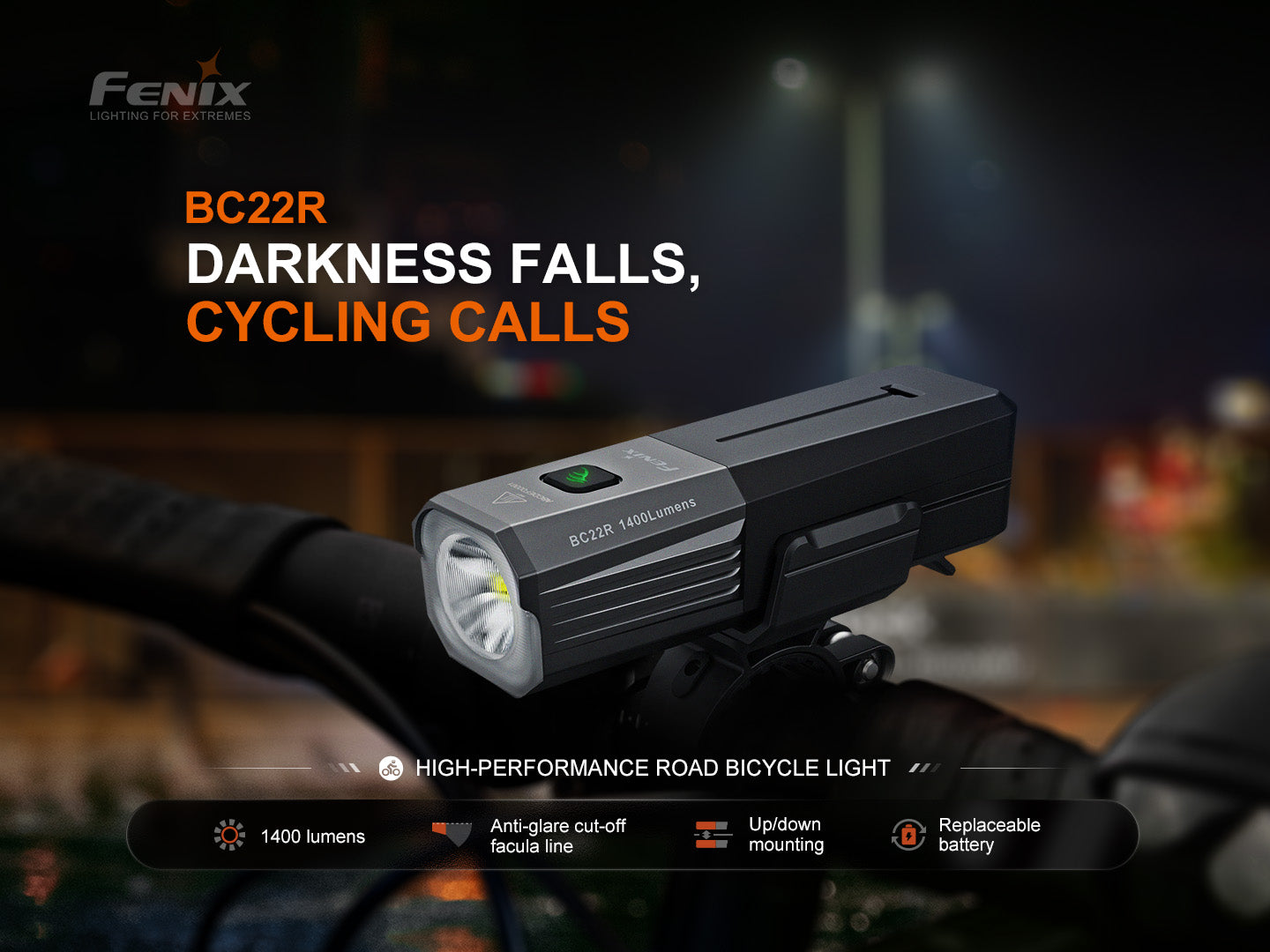 Luz de carretera de alto rendimiento Fenix BC22R — 1400 lúmenes, 41 horas de autonomía