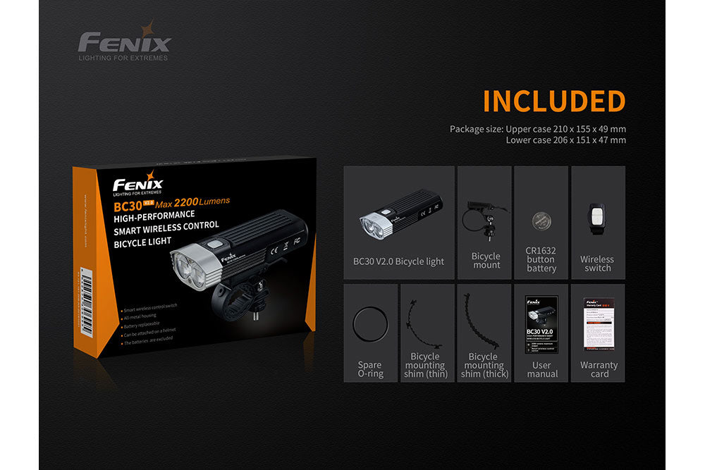 Linterna LED para bicicleta Fenix BC30 V2 de doble haz — 2200 lúmenes, haz de 186 metros