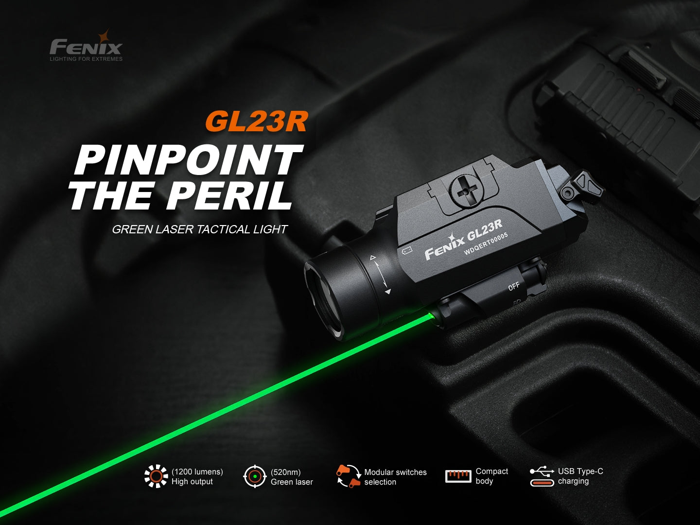 Fenix GL23R Pistol-Mounted Tactical Light with Green Laser — 1200 Lumens