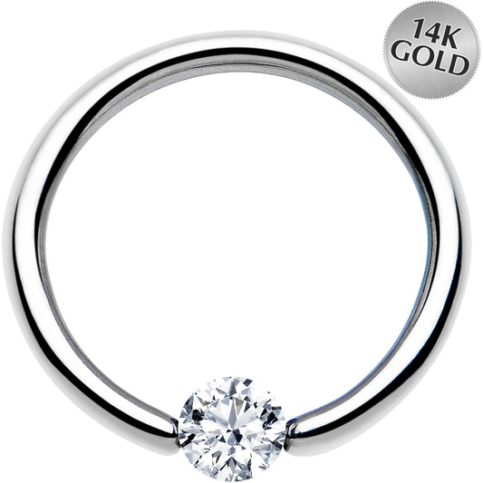 16G 3/8 Solid 14k White Gold 3mm Clear Cubic Zirconia Tension Captive Ring