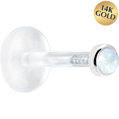 16G 1/4 Solid 14K White Gold 2mm Genuine Rainbow Moonstone Bioplast Tragus Earring Stud