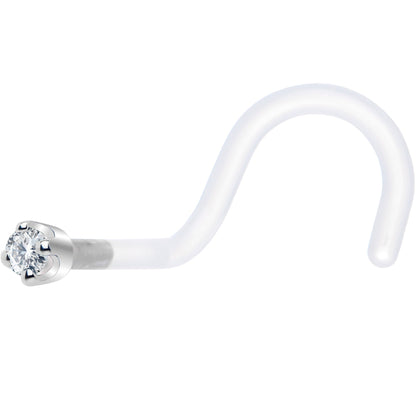 18G 1/4 White Gold 1.5mm Clear Cubic Zirconia Bioplast Nose Ring
