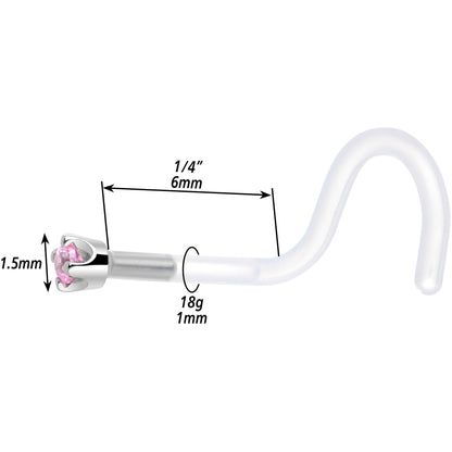 18G 1/4 White Gold 1.5mm Pink Cubic Zirconia Bioplast Nose Ring