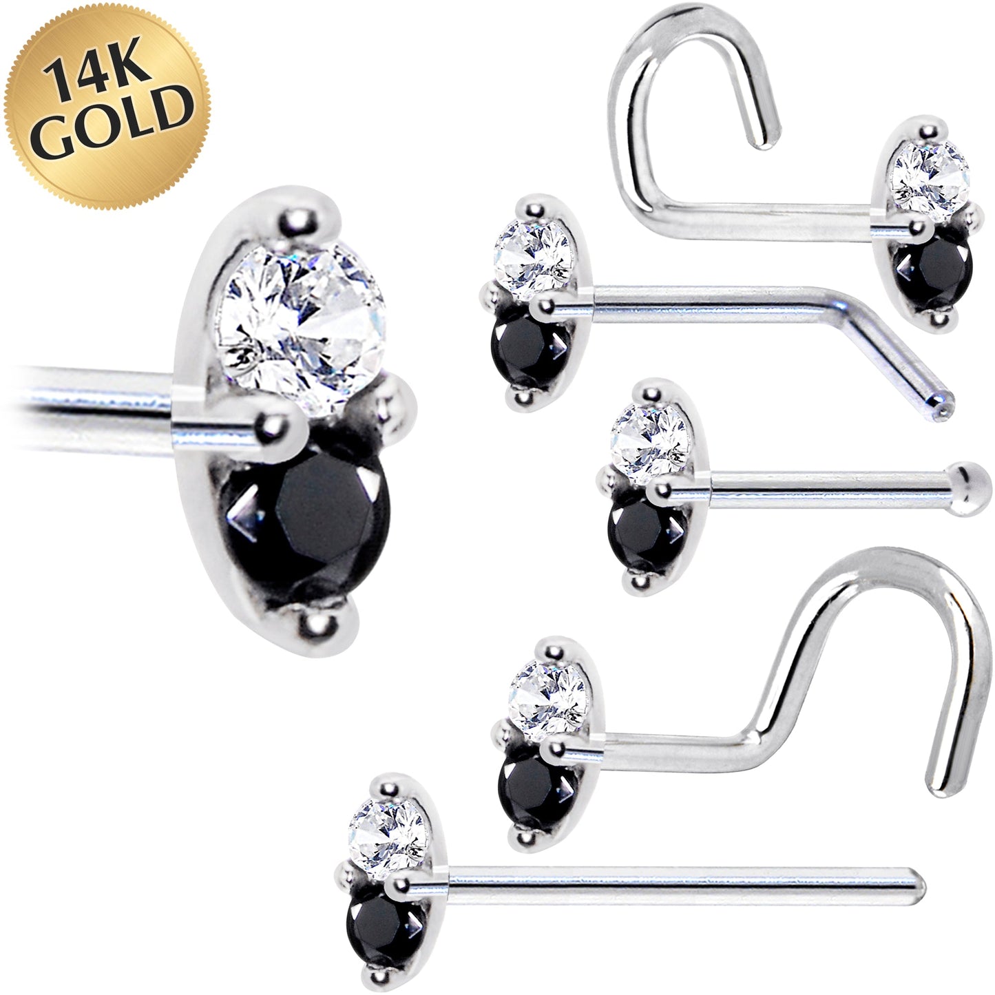 14k White Gold Black 1.5mm CZ Marquise Nose Ring