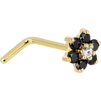 Solid 14K Yellow Gold Black and Clear Cubic Zirconia Flower Nose Ring