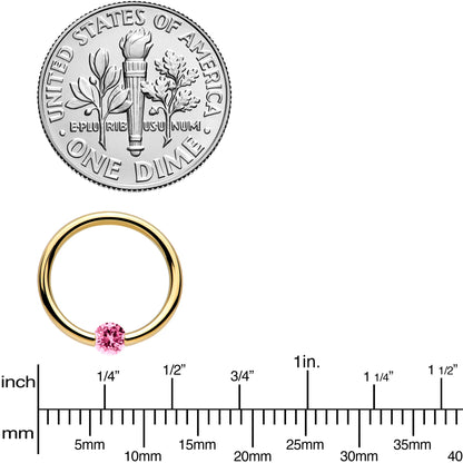 16G 3/8 Solid 14k Yellow Gold 3mm Pink Cubic Zirconia Tension Captive Ring