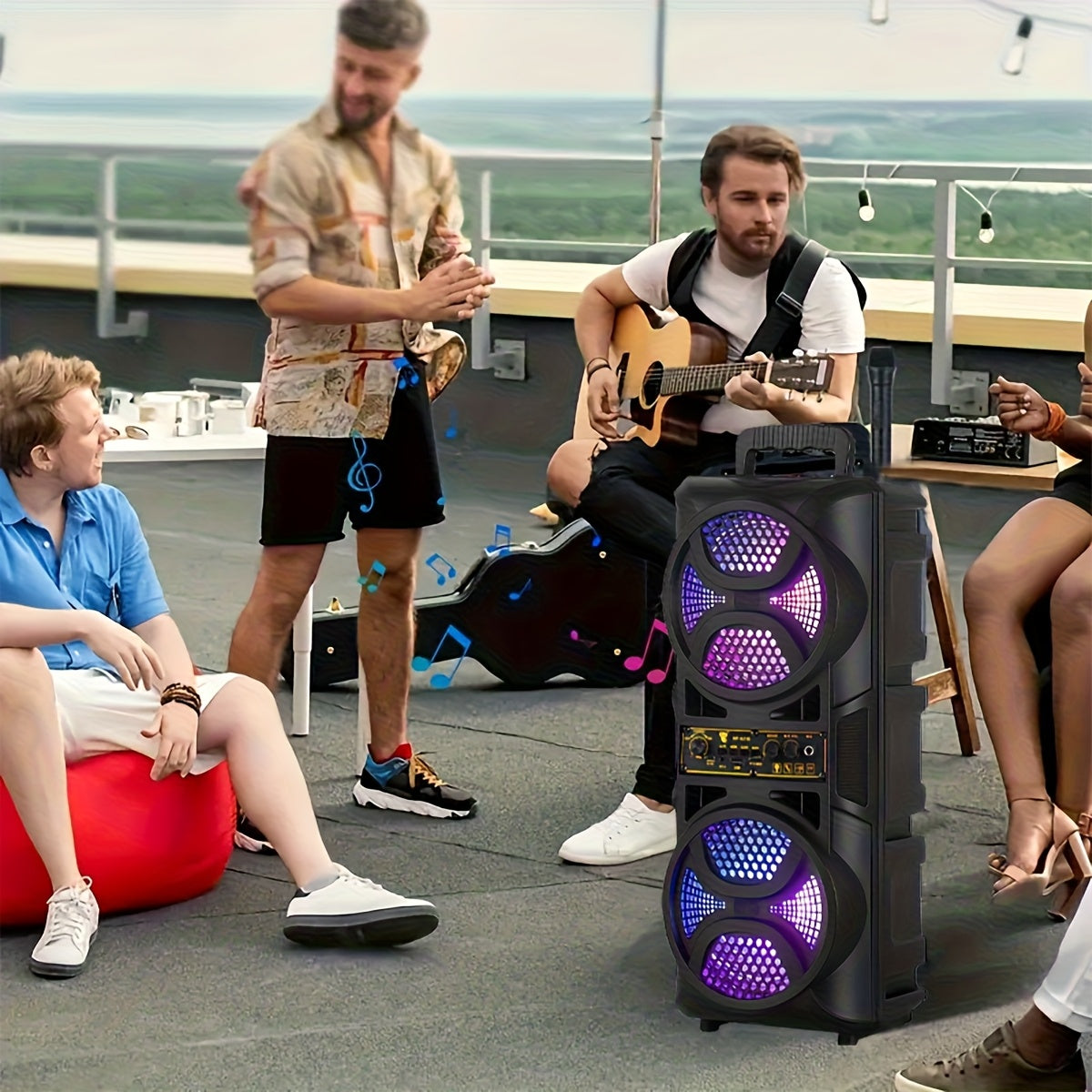 Portable Bluetooth Speaker with Subwoofer Bass, Dual 6.5" LED Woofers and Microphone