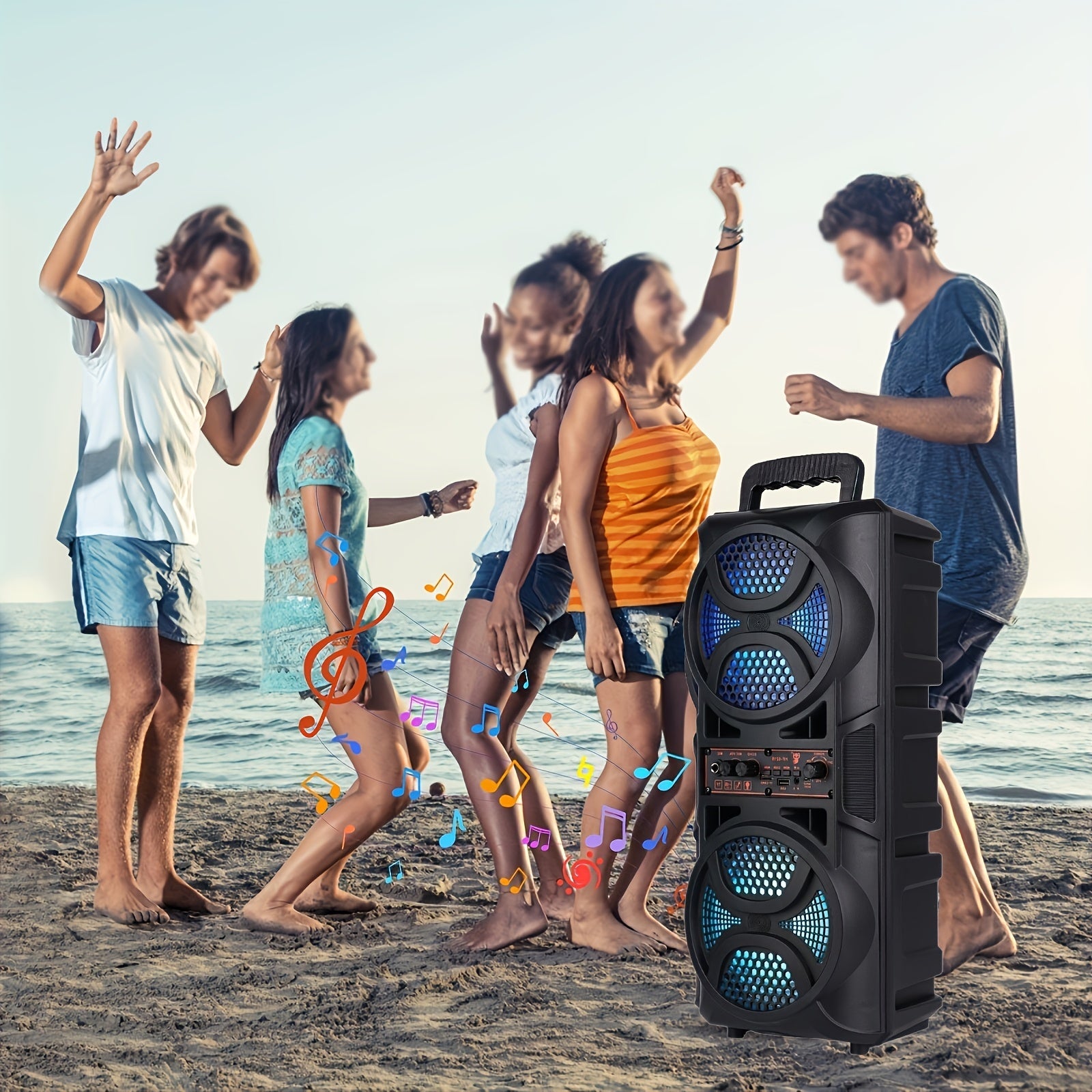 Portable Bluetooth Speaker with Subwoofer Bass, Dual 6.5" LED Woofers and Microphone