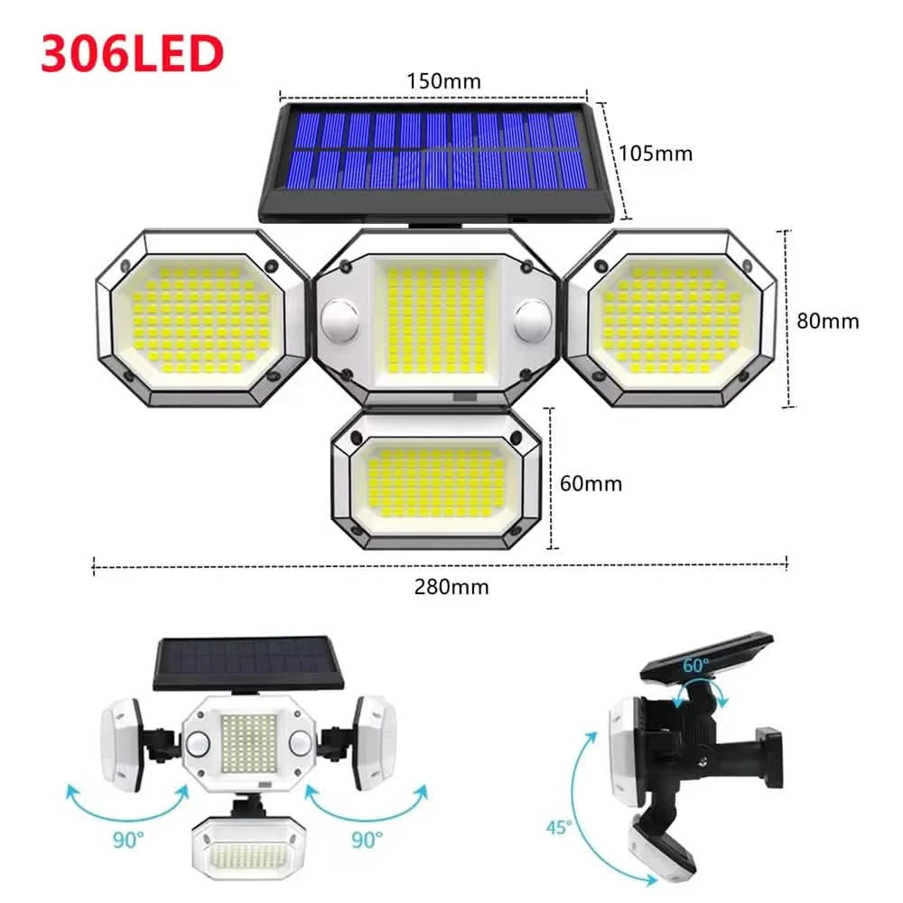 Solar Light Outdoor with Remote Control Double Motion Sensor Light 306/208 Led Wall Lamp IP65 Spotlight Exterior Garage Lighting